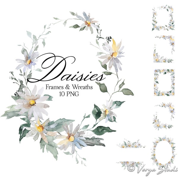 Daisies Watercolor Floral Frames Clipart  White Daisy Flowers Frame Wreath Spring Clip Art Greenery Frames Border Summer Wedding Printables