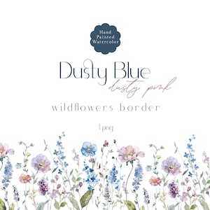 Borda Floral Aquarela - Flores Silvestres, Clipart de Flores Aquarela, Flores Silvestres Azul-Poeira, Flores do Prado, Rosa-Poeira Rosa, Casamento Malva
