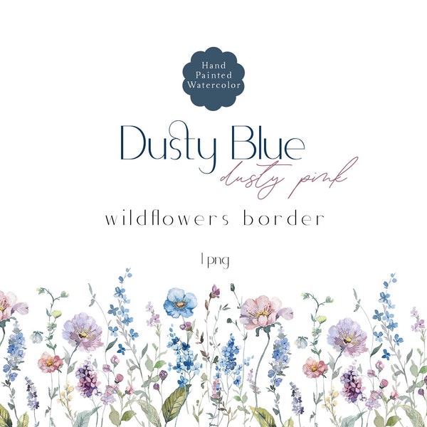 Watercolor Floral Border - Wild Flowers, Watercolor Flowers Clipart, Dusty Blue Wildflower, Meadow Flowers, Dusty Rose Pink, Mauve Wedding