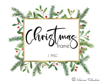 Puede incluir: Un marco dorado con fondo blanco y el texto "Christmas frame" en caligrafía negra. El marco está rodeado de ramas de pino verdes con bayas rojas.