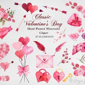 Clipart aquarela do dia dos namorados PNG, rosas românticas, corações, balões, setas, pássaros, gráficos de amor, cartões de dia dos namorados DIY, sublimação