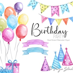 Aquarell Geburtstag Party Clipart Luftballons Party Hüte Banner Geschenk Wimpelkette Gelb Blau Rosa Lila Grün Clip Art PNG