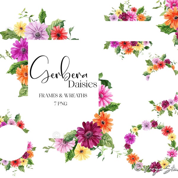 Flowers Frames Clipart Watercolor Gerbera Daisies Floral Clip Art Spring Summer Wreaths Borders Wreath Clipart Wedding Flower Graphics PNG