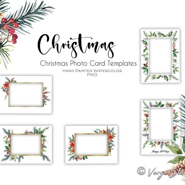 Christmas Photo Card Templates, Watercolor Christmas Cards, Greeting Card Frames, Holiday Card, DIY Christmas Cards, Printable Xmas Card PNG