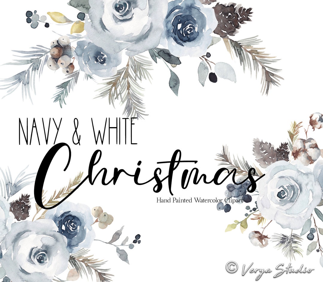 Christmas Clipart Watercolor Navy White Christmas Clip Art Floral