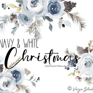 Natal Clipart Aquarela Marinho Branco Natal Clip Art Floral Verdura Buquês de Natal Bagas de Azevinho Pinhas Algodão Férias de Inverno PNG