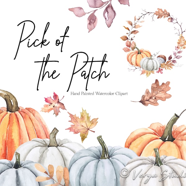 Fall Clipart Watercolor Autumn Clip Art Pumpkin Clipart White Blue Orange Pumpkins Fall Wreath Thanksgiving Harvest Wedding Graphics PNG