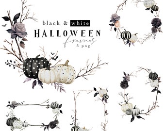 Black & White Halloween Frames Clipart Floral Fall Wreath Stripes Polka Dots Pumpkins Bats Autumn Leaves Flowers Wreaths 5 PNG Borders