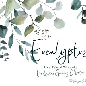 Watercolor Eucalyptus Greenery Clipart, Floral Clip Art, Wedding Clipart, Individual Elements, Bridal, Branch, Leaves, Blue, Silver, Digital