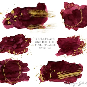 May include: A set of digital watercolor graphics featuring burgundy and gold accents. The set includes two gold frames, three gold brush strokes, and four gold splatters. The graphics are 300 dpi PNG files.