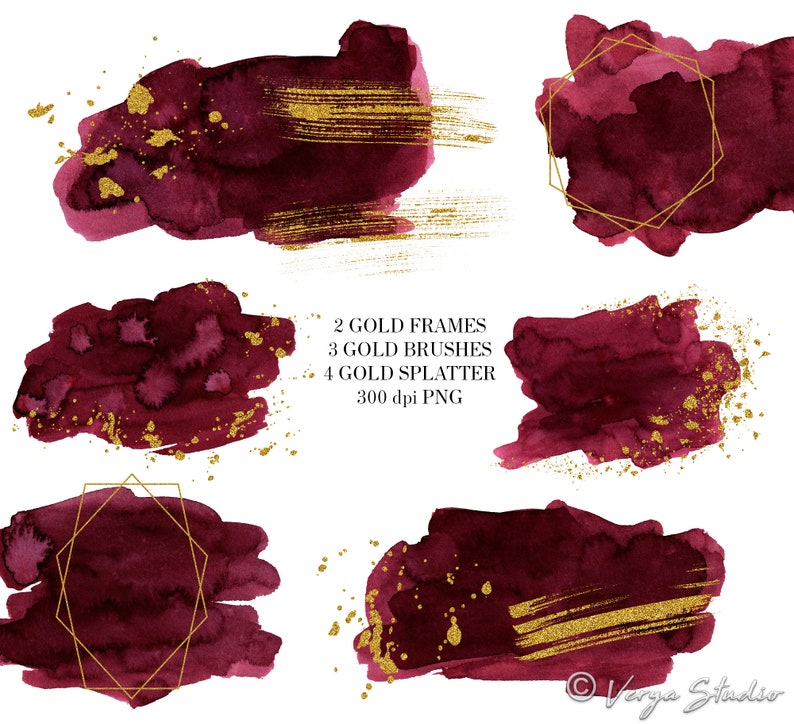 May include: A set of digital watercolor graphics featuring burgundy and gold accents. The set includes two gold frames, three gold brush strokes, and four gold splatters. The graphics are 300 dpi PNG files.