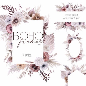 Clipart cadres floraux bohèmes, couronne de fleurs séchées, cadre bohème, couronne d'herbe de la pampa, bordures d'automne, feuille de palmier, mariage beige bordeaux PNG