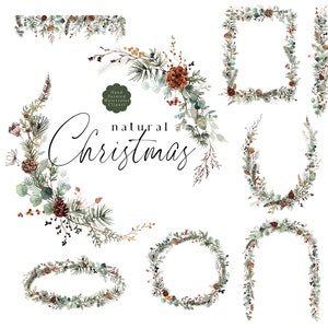 Rustikale Weihnachtscliparts-Kränze, Winter-grüne Beeren PNG, Weihnachtsgrenzen, natürliche neutrale Evergreen, Ferienzeit-Rahmen, Beeren