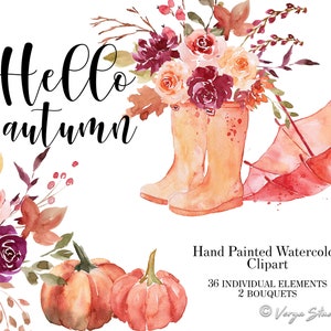 Clipart aquarelle automne Clipart automne pêche Bourgogne violet rouge Floral Clip Art bottes en caoutchouc parapluie feuilles baies citrouilles Buoquet mariage PNG