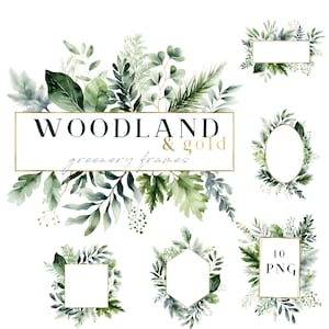 Greenery & Gold Clipart Aquarell Botanische Rahmen 10 PNG Wald Smaragdgrün Blätter Laubwald Einladungen Grafiken Rahmen Kranz
