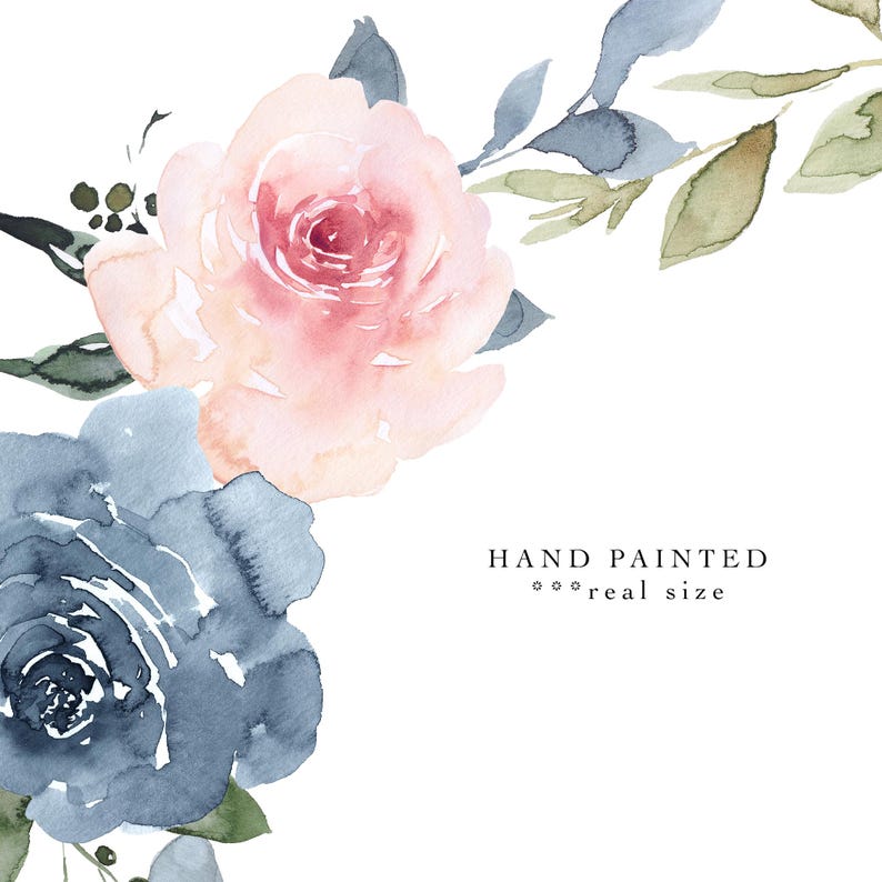 May include: Watercolor painting of a bouquet of pink and blue flowers with green leaves. The text "HAND PAINTED real size" is at the bottom of the image.