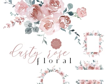 Dusty Rose Flowers Clipart Watercolor Floral Clip Art Dusty Pink Green Leaves Bouquets Frames Gold Geometric Wedding Graphics Set PNG