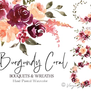 Bouquets de Clipart floraux aquarelle bordeaux corail Clip Art couronne Marsala vin merlot pêche Orange lumineux mariage d'été Clipart PNG cadre