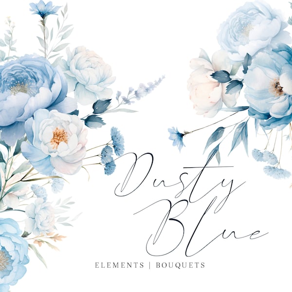 Dusty Blue White Watercolor Floral Clipart Ivory Blue Peonies Flowers Clip Art Spring Summer Fall Wedding Invitations Graphics Digital PNG