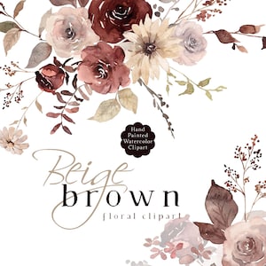 Boho Flores de Outono Clipart Taupe Marrom Marsala Blush Aquarela Flores Silvestres Rosas Outono Floral Clip Art Gráficos de Casamento Pintados à Mão PNG