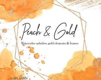 Peach Watercolor Splashes Clipart Orange Shapes Splodges Splatter Clip Art Wedding Clipart Geometric Golden Frames Gold Brush Strokes PNG