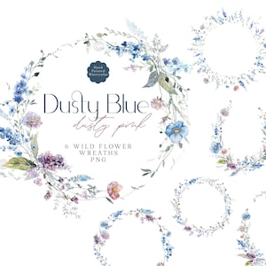 Dusty Blue Floral Clipart - Aquarell Wildblumen Kränze, kleine Blume Clipart, Wildblumen, Wiesenblumen, Hochzeit Altrosa Mauve