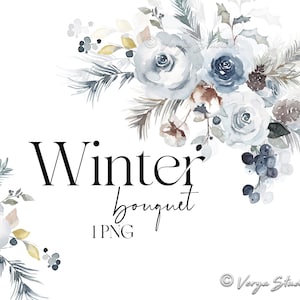 Buquê de vegetação de inverno Clipart Aquarela Floral Clipart Azul marinho Branco Verde Flores Arranjo de Natal Casamento de inverno Cartões de férias 1 PNG