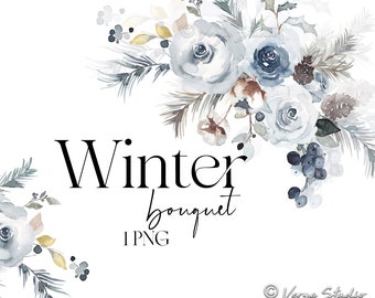 May include: A watercolor painting of a winter bouquet with blue and white flowers, pine branches, berries, and leaves. The text "Winter bouquet 1 PNG" is written below the bouquet.
