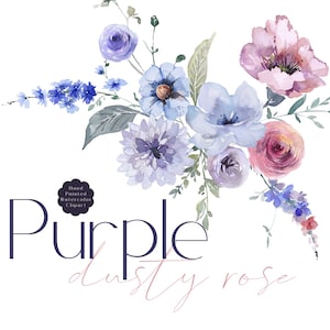 Conjunto de clipart de flores silvestres - clipart floral em aquarela, azul empoeirado, roxo, violeta, rosa empoeirado, buquês de flores silvestres, gráficos de casamento PNG