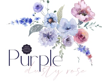 Ensemble de clipart fleurs sauvages - Clipart floral aquarelle, bleu poussiéreux, violet, violet, vieux rose, bouquets de fleurs sauvages, graphiques de mariage PNG