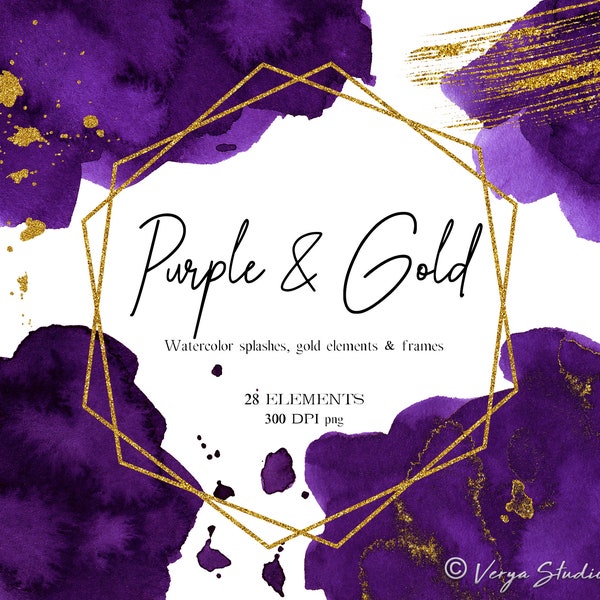 Purple Watercolor Splashes Clipart Geometric Golden Frames Gold Brush Strokes Gold Splodges Splatter Shapes Clip Art Wedding Clipart PNG