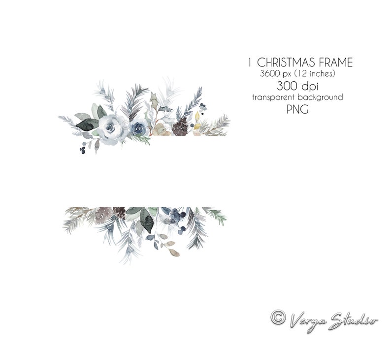 Christmas Frame Clipart Watercolor Winter Floral Border Clip Art Navy Blue White Berries Pine Greenery Holly Holiday Card DIY Wedding PNG image 2