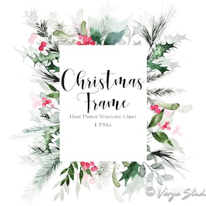Cadre de Noël aquarelle Noël Clipart vacances cadre photo Noël verdure baies guirlande peint à la main hiver imprimable PNG peint à la main