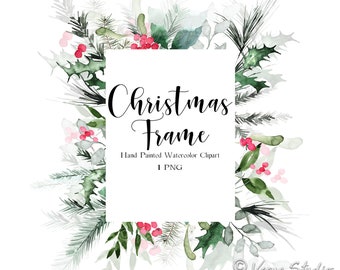 Puede incluir: Un marco de Navidad de acuarela con acebo verde, ramas de pino y bayas rojas y rosadas. El marco tiene el texto "Christmas Frame" y "Hand Painted Watercolor Clipart 1 PNG".