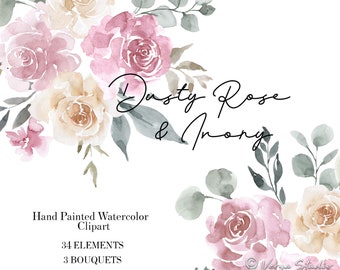 Dusty Pink Ivory Watercolor Floral Clipart Flowers Clipart Blush Beige Mauve Wedding Clipart Bridal Invitation Bouquets Aquarelle Greenery