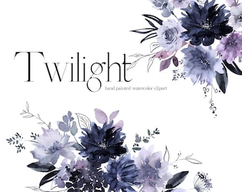 Purple Pink Goth Floral Clipart Watercolor Black Flowers Clip Art Lineart Leaves Twilight Fall Summer Roses Peonies Halloween Wedding PNG