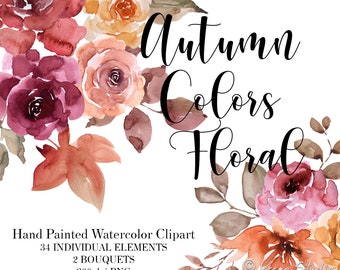 Fall Clipart Watercolor Autumn Floral Clipart Burgundy Mustard Rust Orange Maroon Flowers Fall Wedding Clipart Bouquets Fall Leaves Rustic