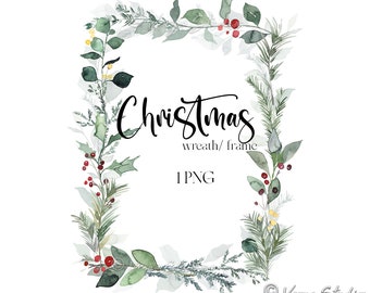 Kerstkrans Clipart aquarel groen bessen Xmas Frame Clip Art vakantie graphics Pine Holly verlaat groenblijvende Winter Clipart 1 png