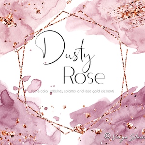 Clipart de respingos de aquarela rosa empoeirado Molduras geométricas de ouro rosa Pinceladas de respingos Formas abstratas Lavagens Casamento Clip Art PNG