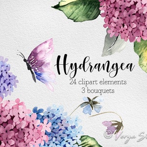 Watercolor Hydrangea Floral Clipart Elements, Blue, Purple, Pink, Blush, Flowers, Spring, Butterfly, Wedding Invitations Instant Download