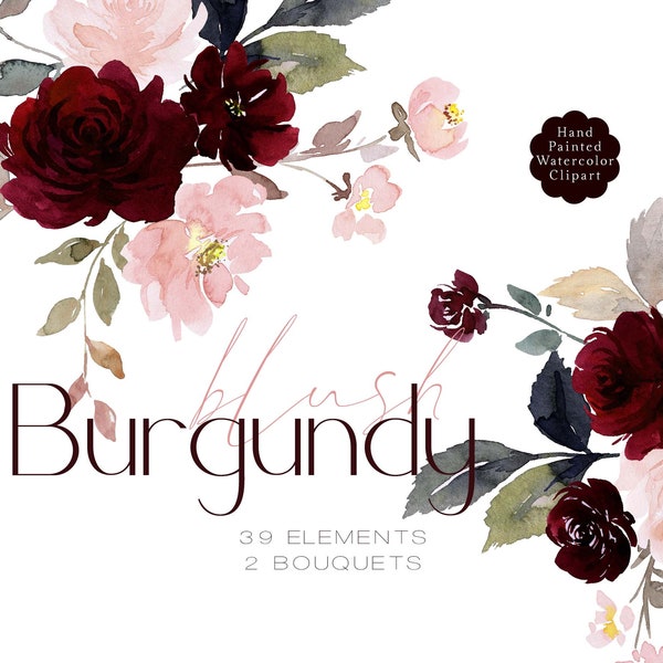 Burgundy Blush Floral Clipart Watercolor Flowers Clip Art Peonies Roses Dark Red Wine Marsala Dusty Pink Bouquets Wedding Graphics 41 PNG