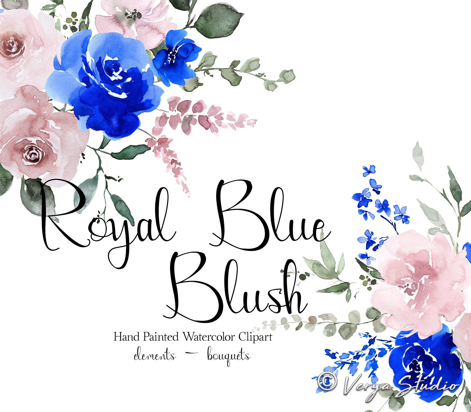 Royal Blue Blush Watercolor Flowers Clipart Floral Clip Art - Etsy