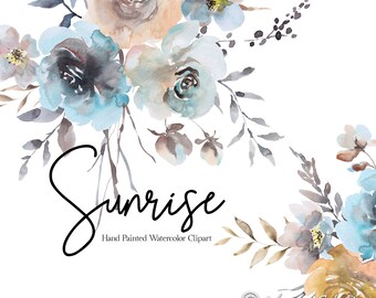 Turquoise Mustard Floral Clipart, Dusty Blue Beige Flowers PNG, Watercolor Spring Flower, Blue Yellow Wedding Bouquets, Golden Leaves