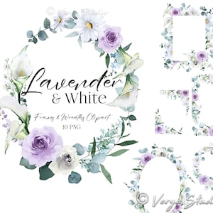 Könnte beinhalten: Ein Set mit 10 digitalen floralen Rahmen und Kränzen in den Farben Lavendel, Weiß und Grün. Die Rahmen und Kränze zeigen Eukalyptusblätter, weiße Calla-Lilien, weiße Gänseblümchen und Lavendelrosen. Der Text "Lavender & White Frames & Wreaths Clipart 10 PNG" ist im Bild enthalten.