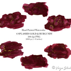 May include: Six watercolor splashes in shades of burgundy and gold. The splashes are irregular in shape and have a textured appearance. Hand Painted Watercolor 6 SPLASHES GOLD & BURGUNDY 300 dpi PNG 2800 px (~ 9 inches)