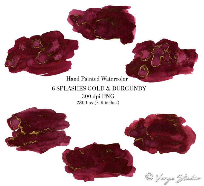 May include: Six watercolor splashes in shades of burgundy and gold. The splashes are irregular in shape and have a textured appearance. Hand Painted Watercolor 6 SPLASHES GOLD & BURGUNDY 300 dpi PNG 2800 px (~ 9 inches)