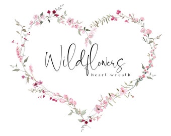 Wildflowers Heart Wreath, Watercolor Floral Clipart, Vilentines Day Wreath, Valentines Clipart, Delicate Flower Botanical Frame, Wedding PNG