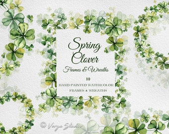 Watercolor Spring Clover Wreaths & Frames St. Patricks Day Clipart Set, St. Pattys Clipart, Greenery Frames, Spring Wreath, Shamrock PNG