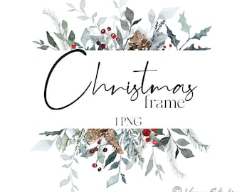 Christmas Greenery Clipart Xmas Frame Watercolor Winter Clipart Greenery Photo Cards DIY Winter Border Holiday Clip Art Printable 1 PNG