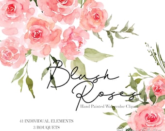 Blush Watercolor Floral Clipart Pink Clip Art Wedding Clipart Light Soft Aquarelle Roses Flowers Bouquets Logos Peonies Commercial Use PNG